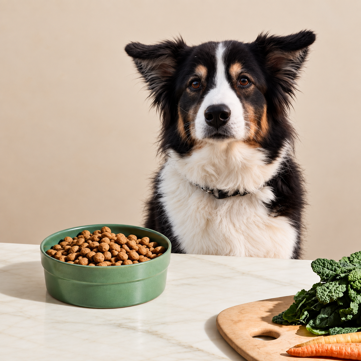 Border collie aan tafel bij een groene voerbak met brokken