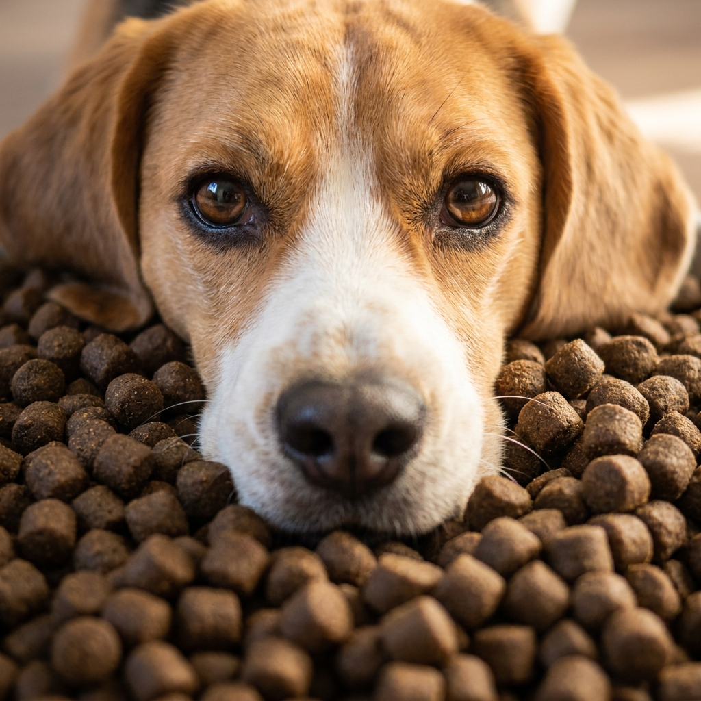 Speelse beagle geniet van Persbrok Regular brokjes