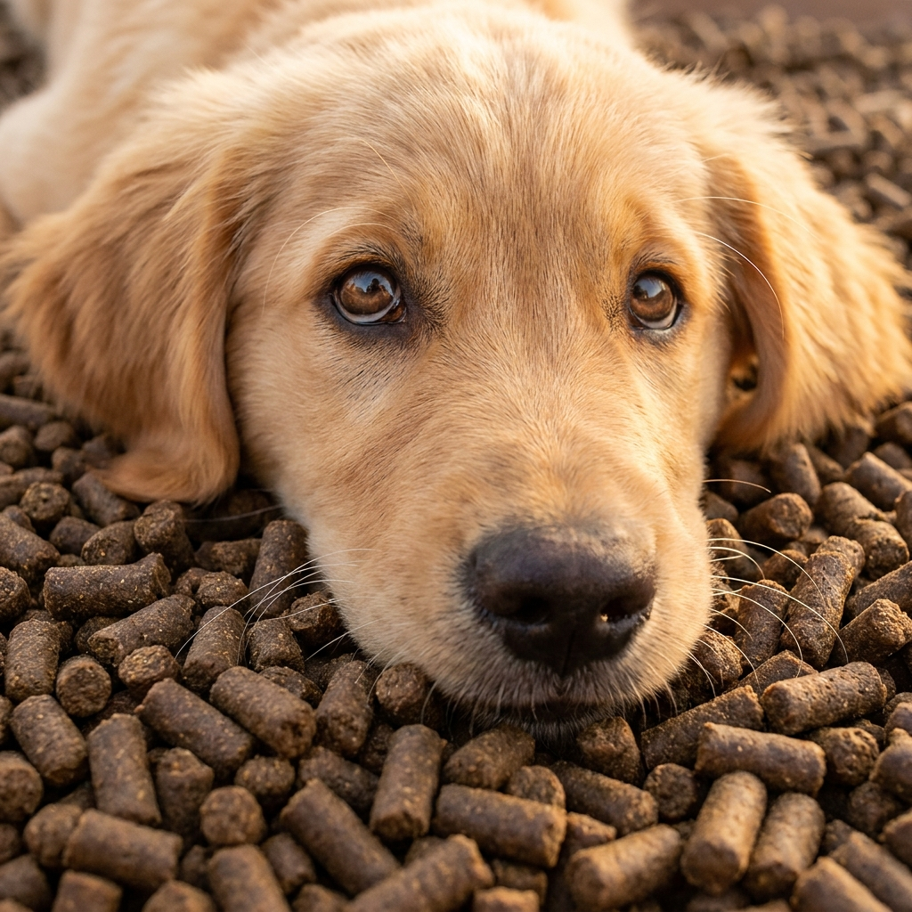 Speelse golden retriever pup geniet van Persbrok Puppy brokjes