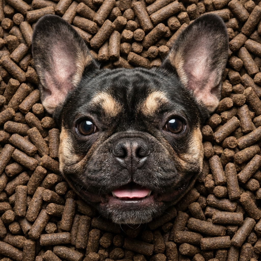 Speelse Franse bulldog geniet van Persbrok Verse Kip brokjes