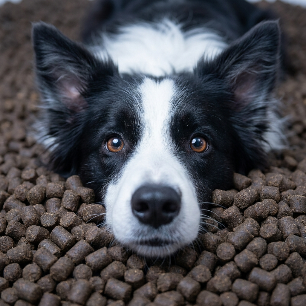 Speelse border collie geniet van Persbrok Lam brokjes