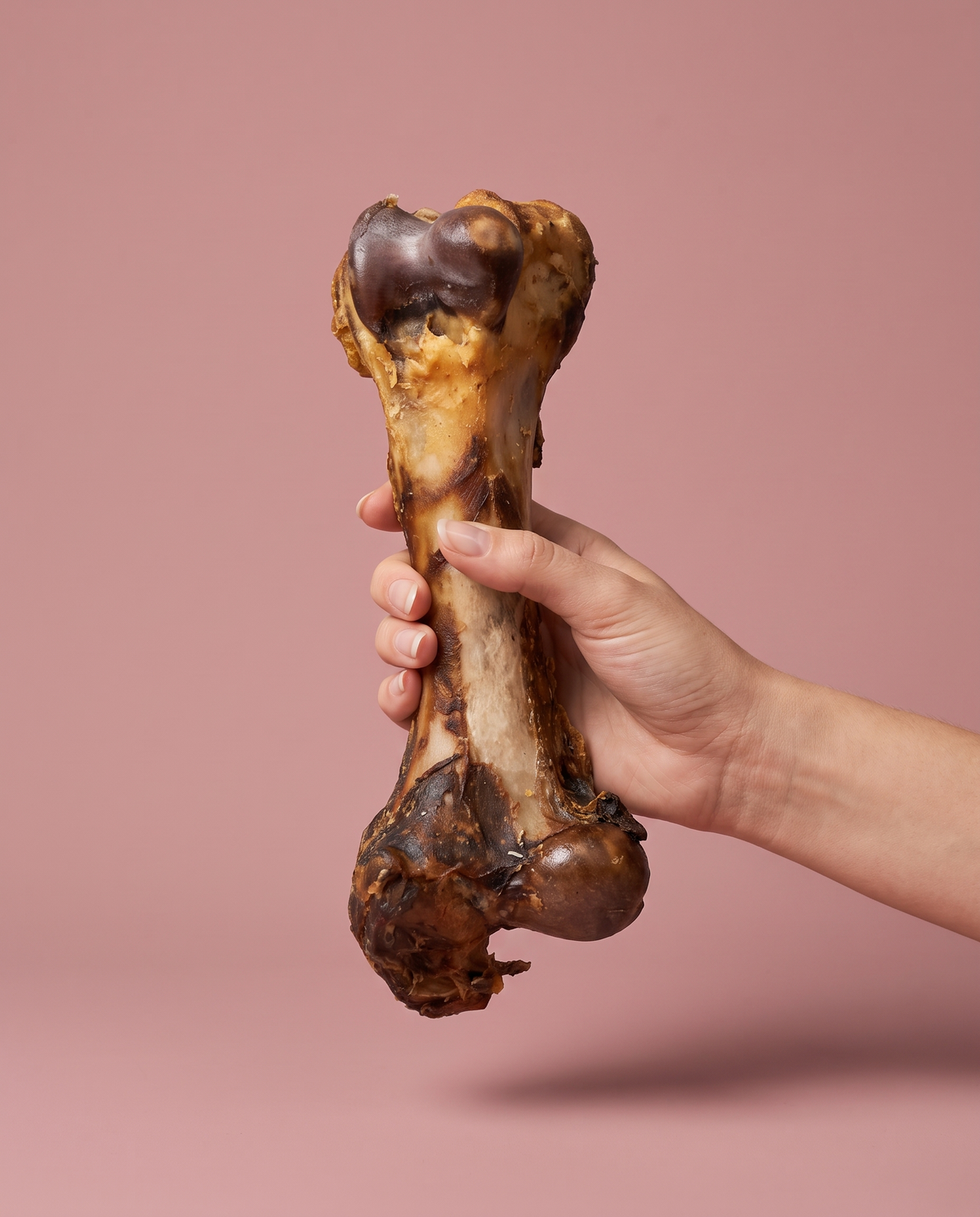 Sfeerfoto: hand houdt een dino kauwbot vast tegen een stoffig-roze studioachtergrond