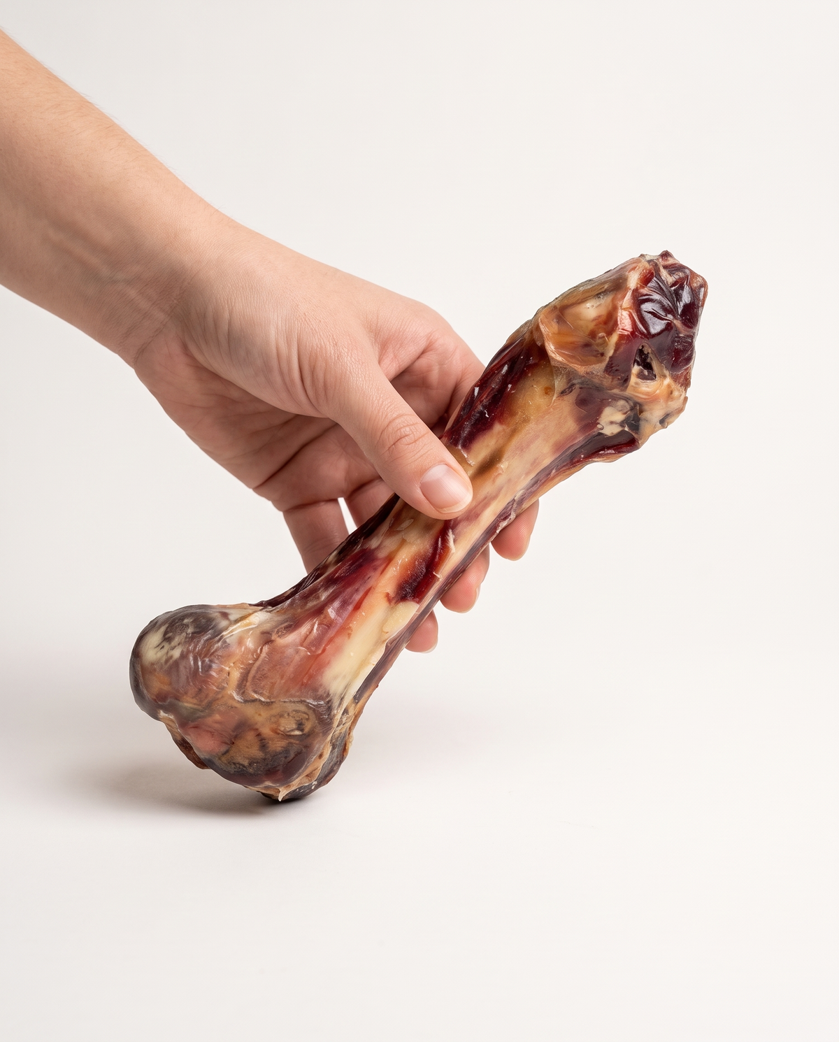 Sfeerfoto: hand biedt een serrano smulkluif aan tegen een gebroken-witte studioachtergrond