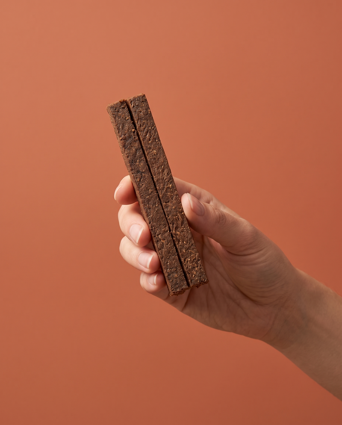 Sfeerfoto: hand biedt Take & Break met paard aan tegen een terracotta studioachtergrond