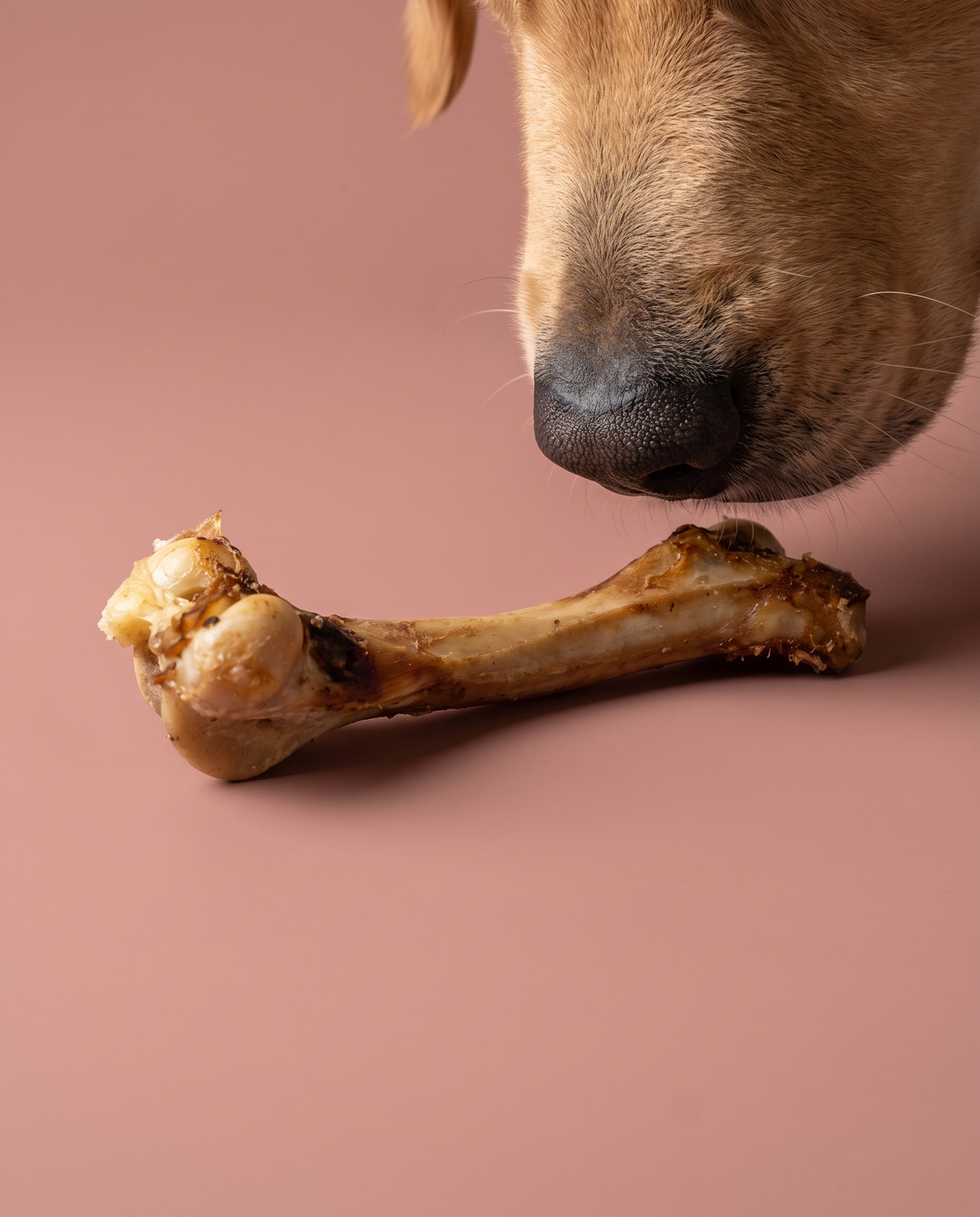 Sfeerfoto: hond snuffelt aan een lamsbot tegen een oudroze studioachtergrond