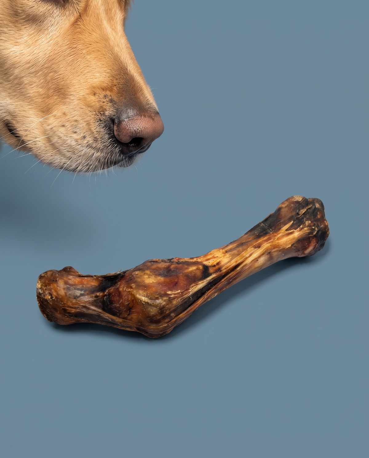 Sfeerfoto: hond snuffelt aan een paardenbeen tegen een stofblauwe studioachtergrond