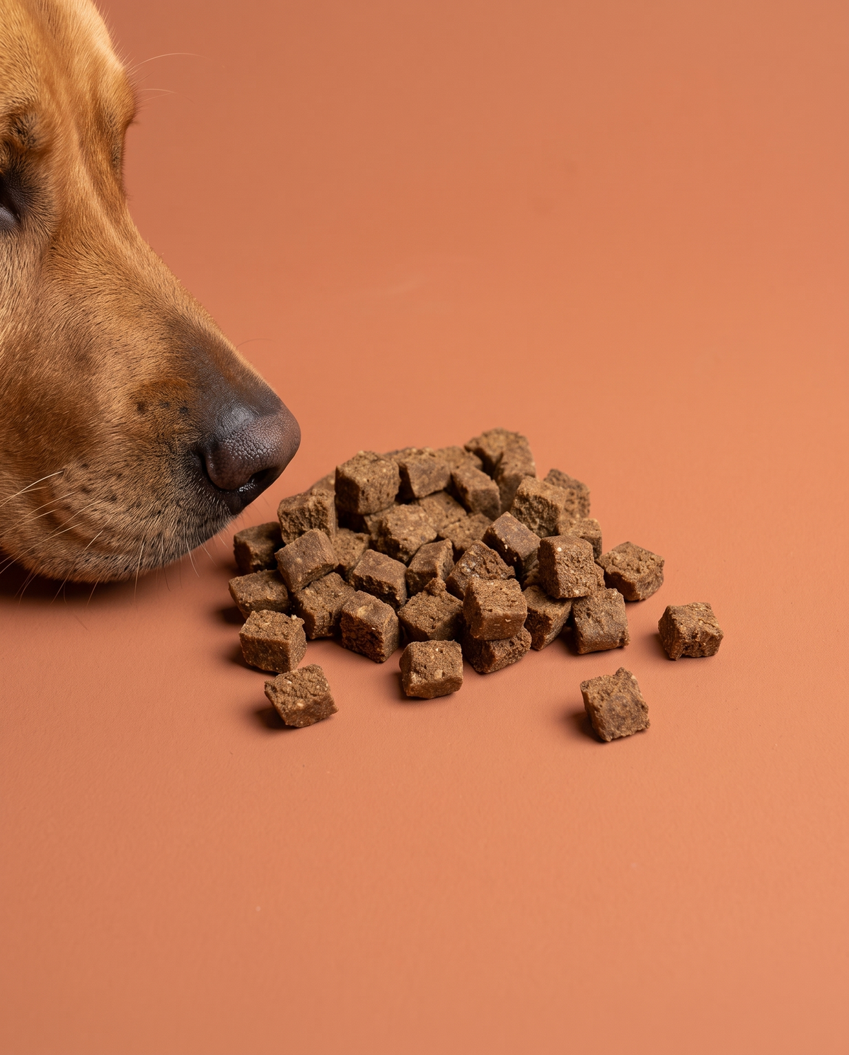 Sfeerfoto: kleine hoeveelheid trainers met kalkoen (200 gram) met hondensnuit, tegen een terracotta studioachtergrond