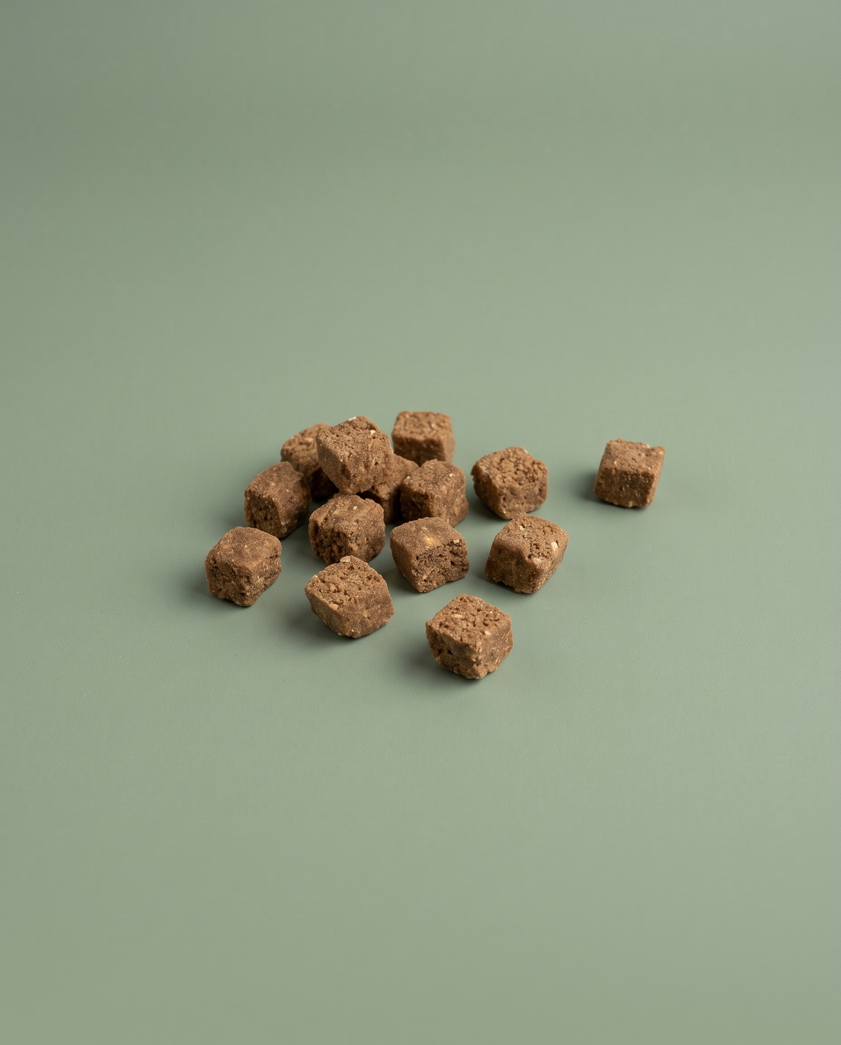Sfeerfoto: kleine hoeveelheid trainers met vis (200 gram), tegen een saliegroene studioachtergrond