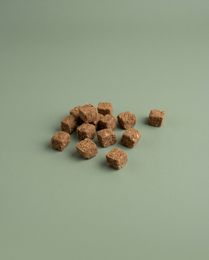 Sfeerfoto: kleine hoeveelheid trainers met vis (200 gram), tegen een saliegroene studioachtergrond