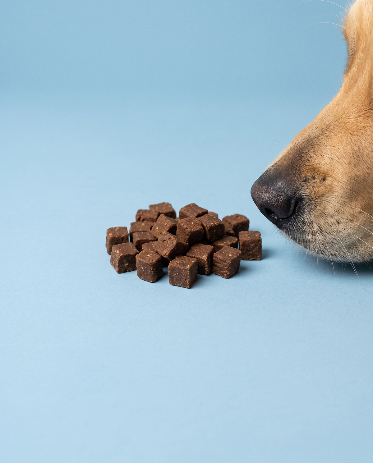 Sfeerfoto: kleine hoeveelheid trainers met eend (200 gram) met hondensnuit, tegen een lichtblauwe studioachtergrond