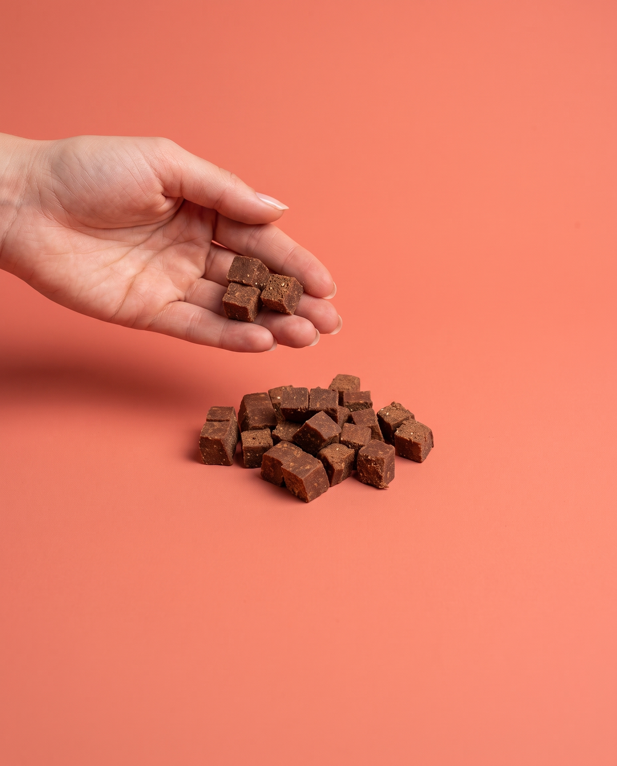 Sfeerfoto: kleine hoeveelheid trainers met rund (200 gram) met hand, tegen een koraalkleurige studioachtergrond