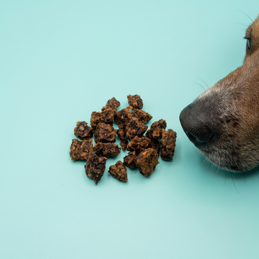 Sfeerfoto: kleine hoeveelheid mini trainers met vis (200 gram) met hondensnuit, tegen een lichtturquoise studioachtergrond