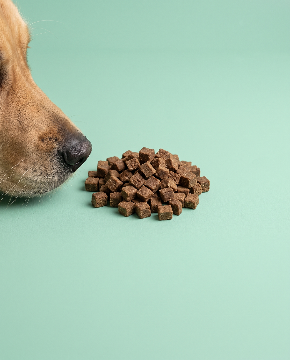 Sfeerfoto: kleine hoeveelheid mini trainers met pens (200 gram) met hondensnuit, tegen een muntgroene studioachtergrond