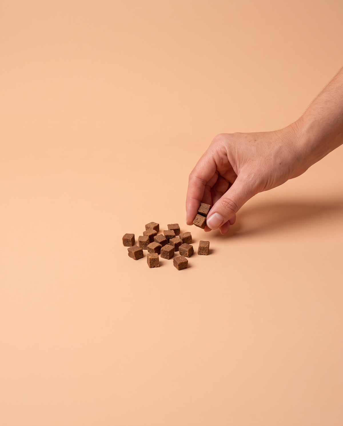 Sfeerfoto: kleine hoeveelheid mini trainers met eend (200 gram) met hand, tegen een perzikkleurige studioachtergrond