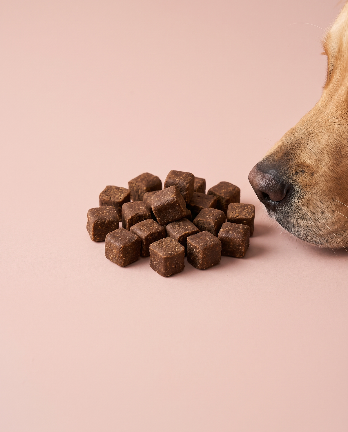 Sfeerfoto: kleine hoeveelheid mini trainers met lam (200 gram) met hondensnuit, tegen een lichtroze studioachtergrond