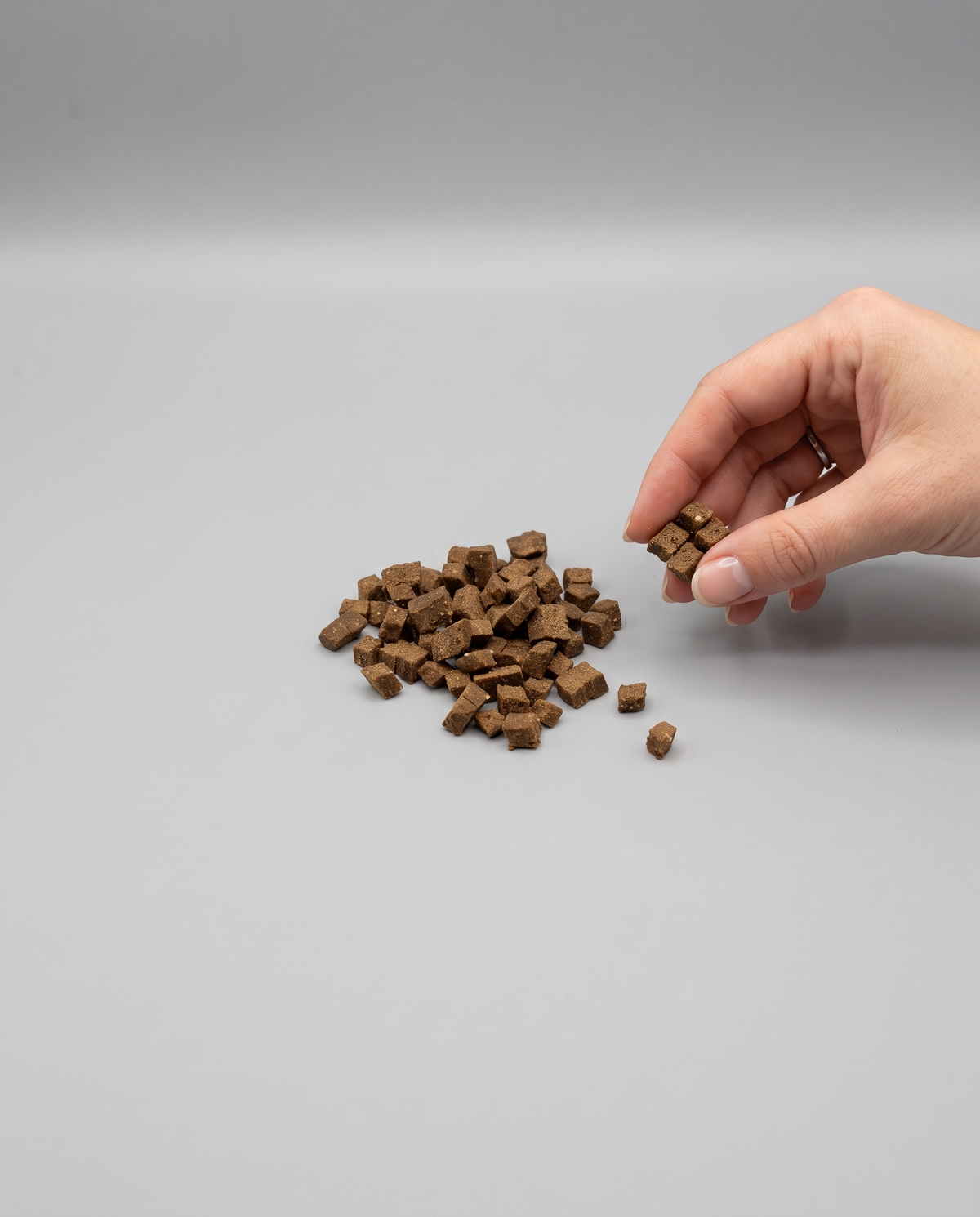 Sfeerfoto: kleine hoeveelheid mini trainers met kip (200 gram) met hand, tegen een grijze studioachtergrond