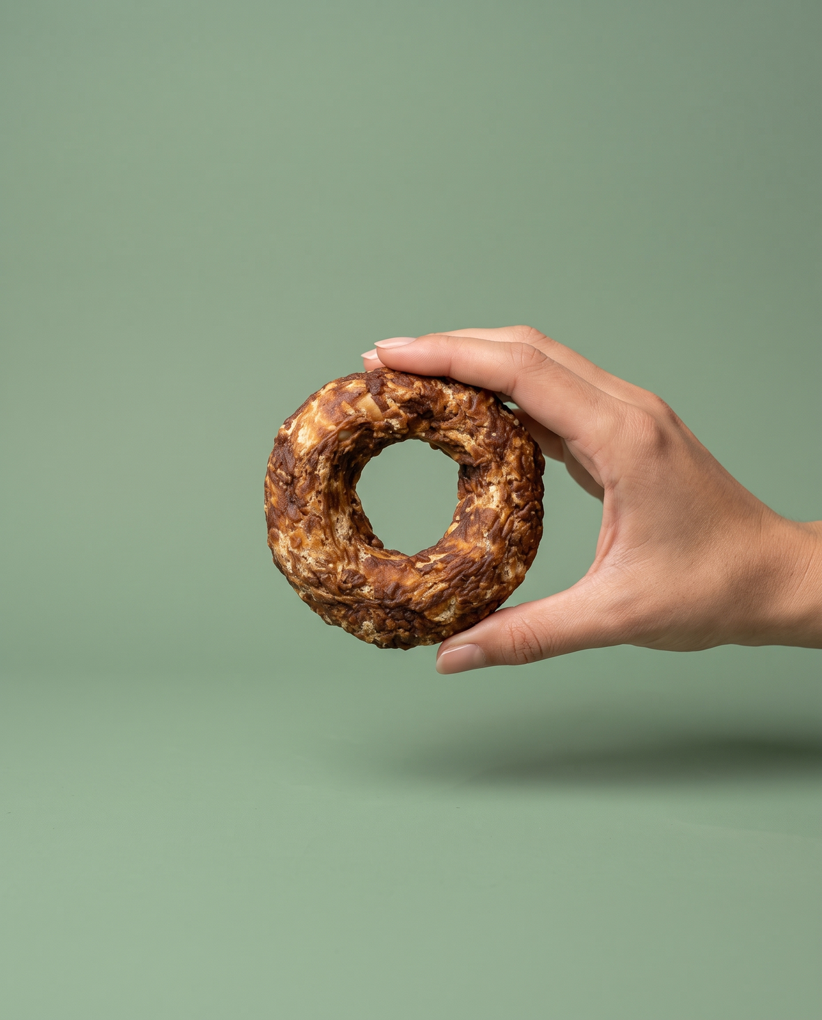 Sfeerfoto: 1 klein rawhide donutje met eend (80-90 gram) met hand, tegen een saliegroene studioachtergrond