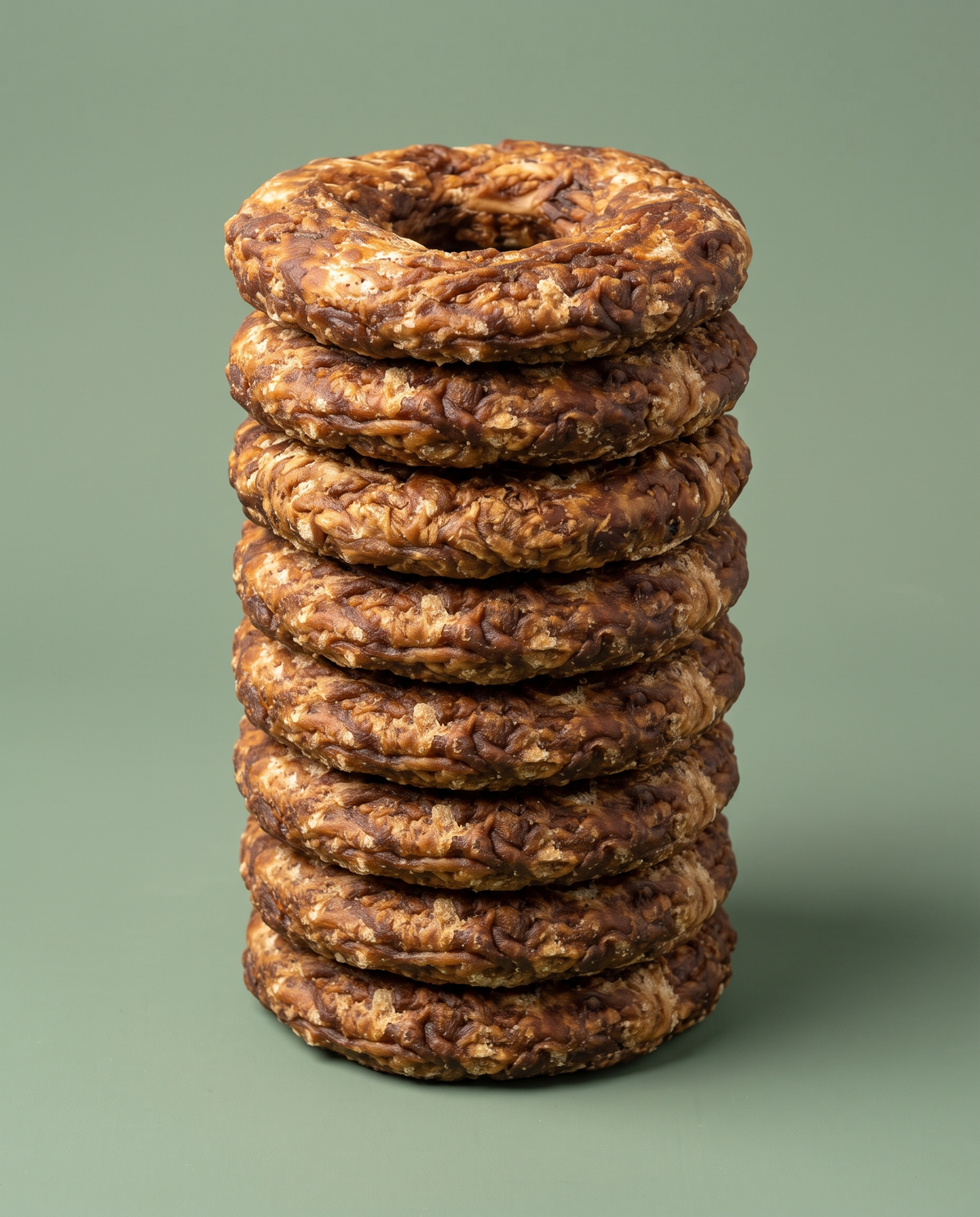 Sfeerfoto: stapel rawhide donuts met eend (12,5CM, 10 stuks), tegen een saliegroene studioachtergrond