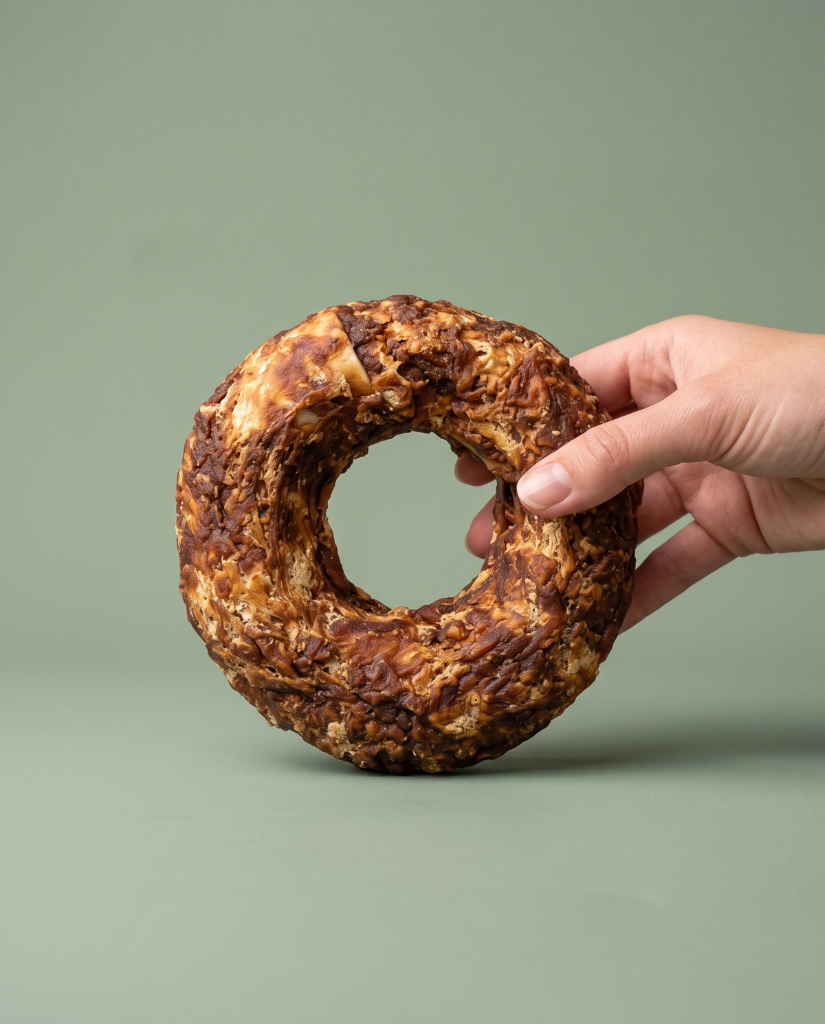 Sfeerfoto: 1 groot rawhide donutje met eend XL (170-190 gram) met hand, tegen een saliegroene studioachtergrond