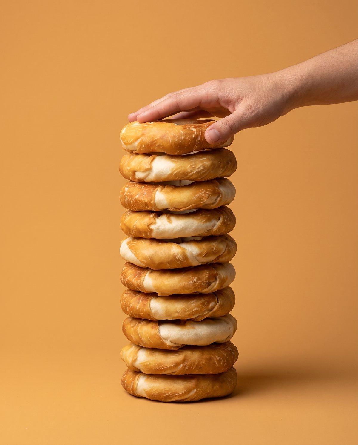 Sfeerfoto: stapel rawhide donuts met kip (12,5CM, 10 stuks) met hand, tegen een amberkleurige studioachtergrond