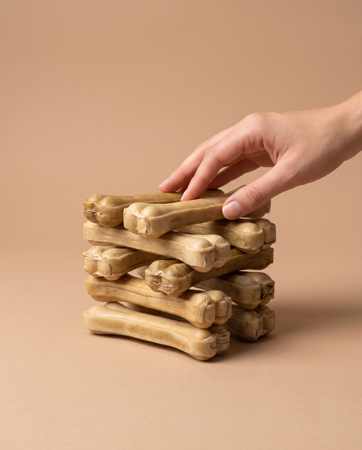 Sfeerfoto: stapel geperste botten met eend (12,5CM, 10 stuks) met hand, tegen een beige studioachtergrond