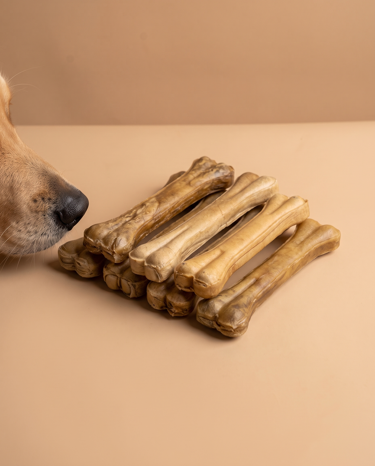 Sfeerfoto: klein aantal grote geperste botten met eend (16CM, 6 stuks) met hondensnuit, tegen een beige studioachtergrond