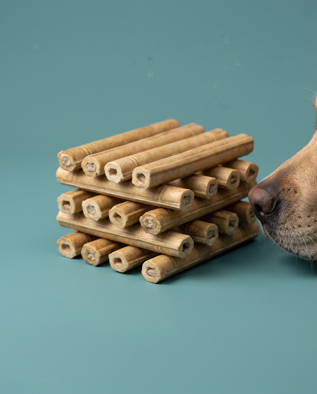 Sfeerfoto: stapel geperste staven (20CM, 20 stuks) met hondensnuit, tegen een turquoise studioachtergrond