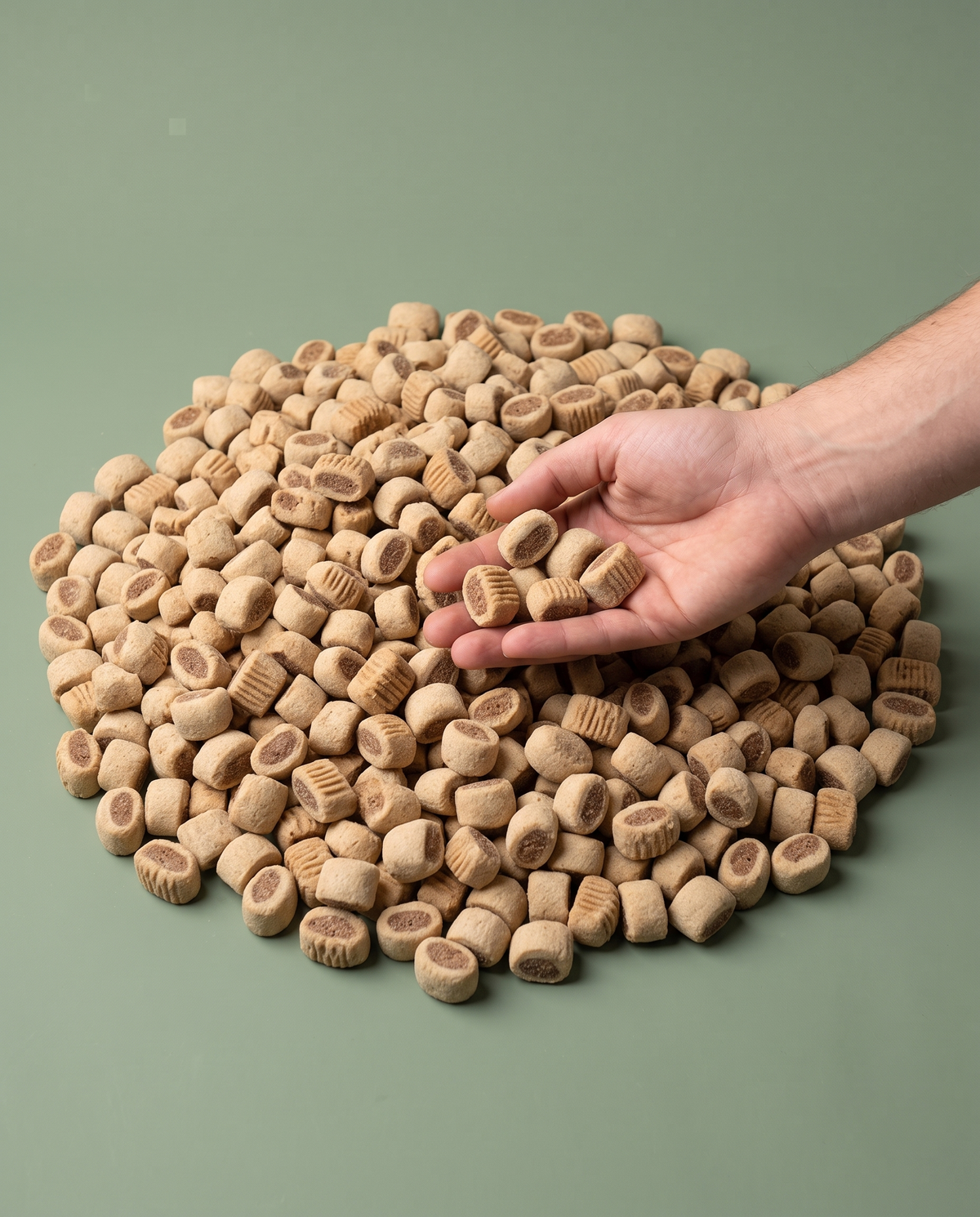 Sfeerfoto: grote hoeveelheid Duo Mini Gevogelte (bulk 10 kilo) met hand, tegen een saliegroene studioachtergrond