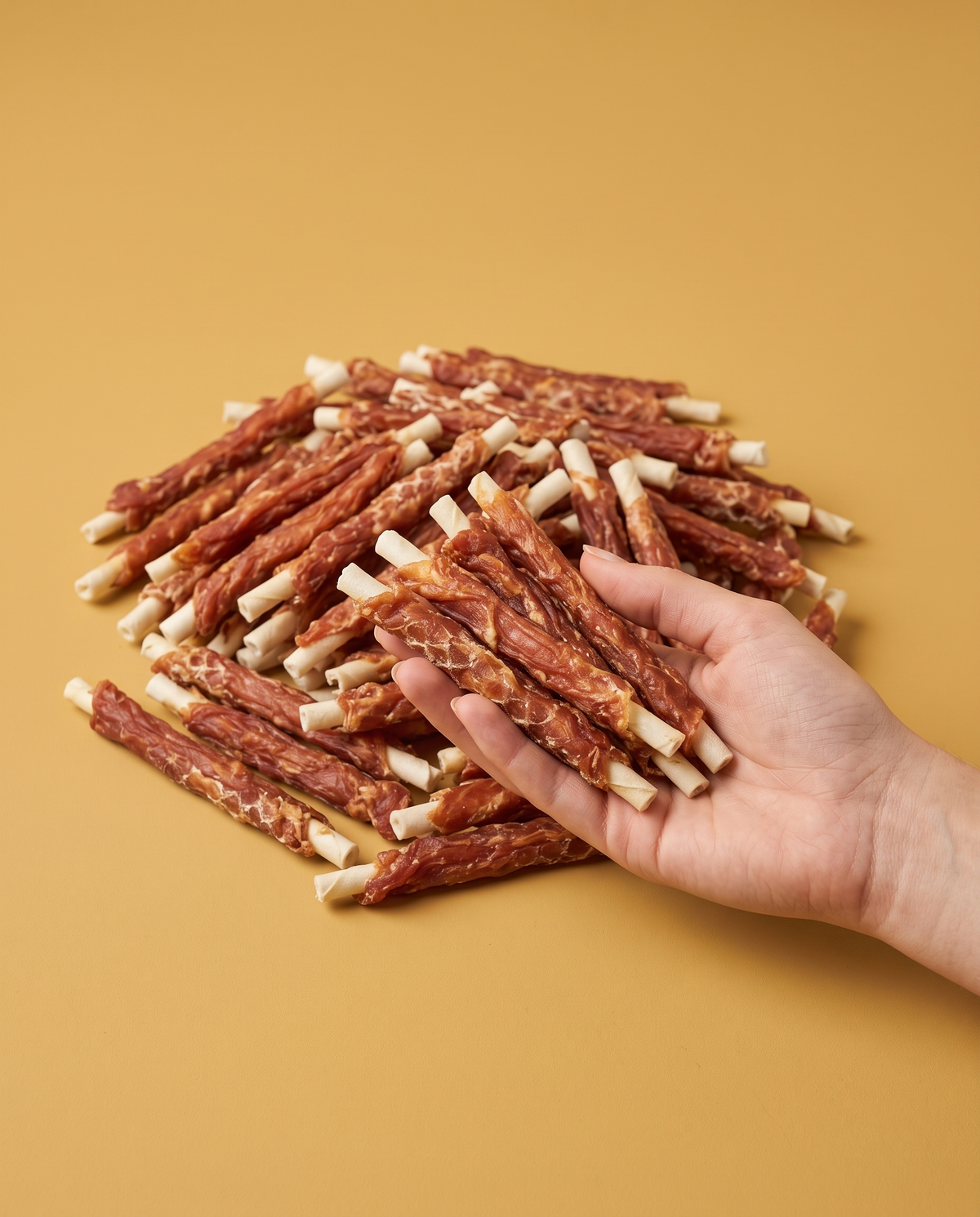 Sfeerfoto: grote hoop kortere rawhide strips met kip (12,5CM, 30 stuks) met hand, tegen een mosterdgele studioachtergrond