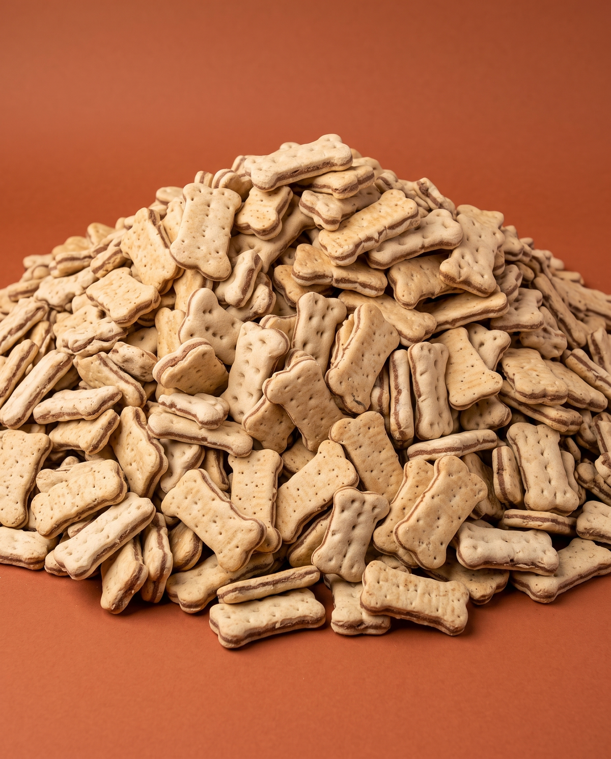 Sfeerfoto: grote hoeveelheid sandwich botjes gevogelte (bulk 10 kilo), tegen een roestkleurige studioachtergrond