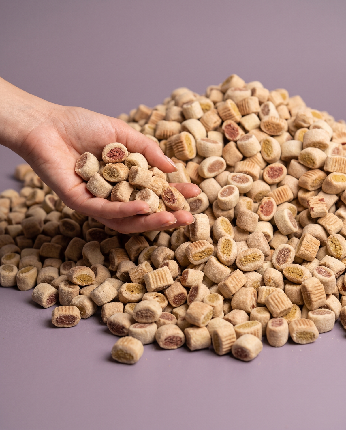 Sfeerfoto: grote hoeveelheid Duo Mini 3-MIX (bulk 10 kilo) met hand, tegen een lila-grijze studioachtergrond