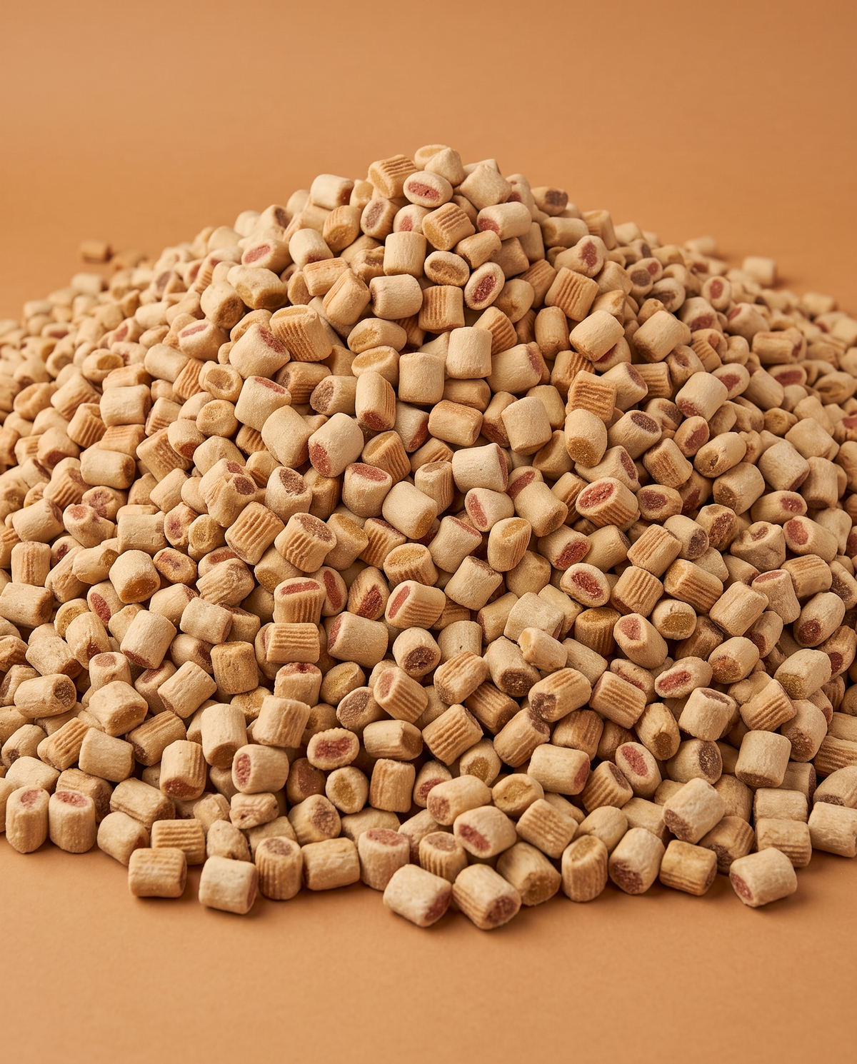 Sfeerfoto: grote hoeveelheid Duo 3-MIX (bulk 10 kilo), tegen een karamelkleurige studioachtergrond
