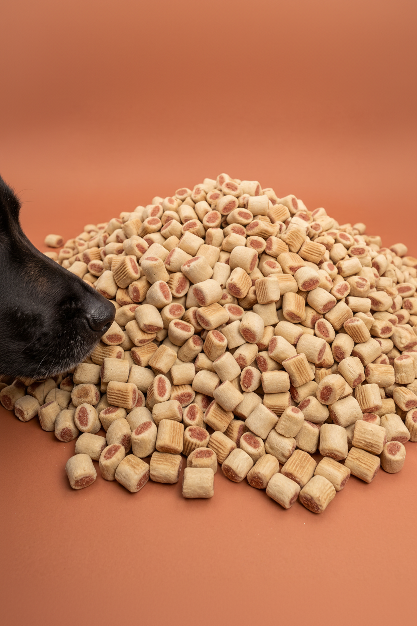 Sfeerfoto: grote hoeveelheid Duo Rund (bulk 10 kilo) met hondensnuit, tegen een terracotta studioachtergrond