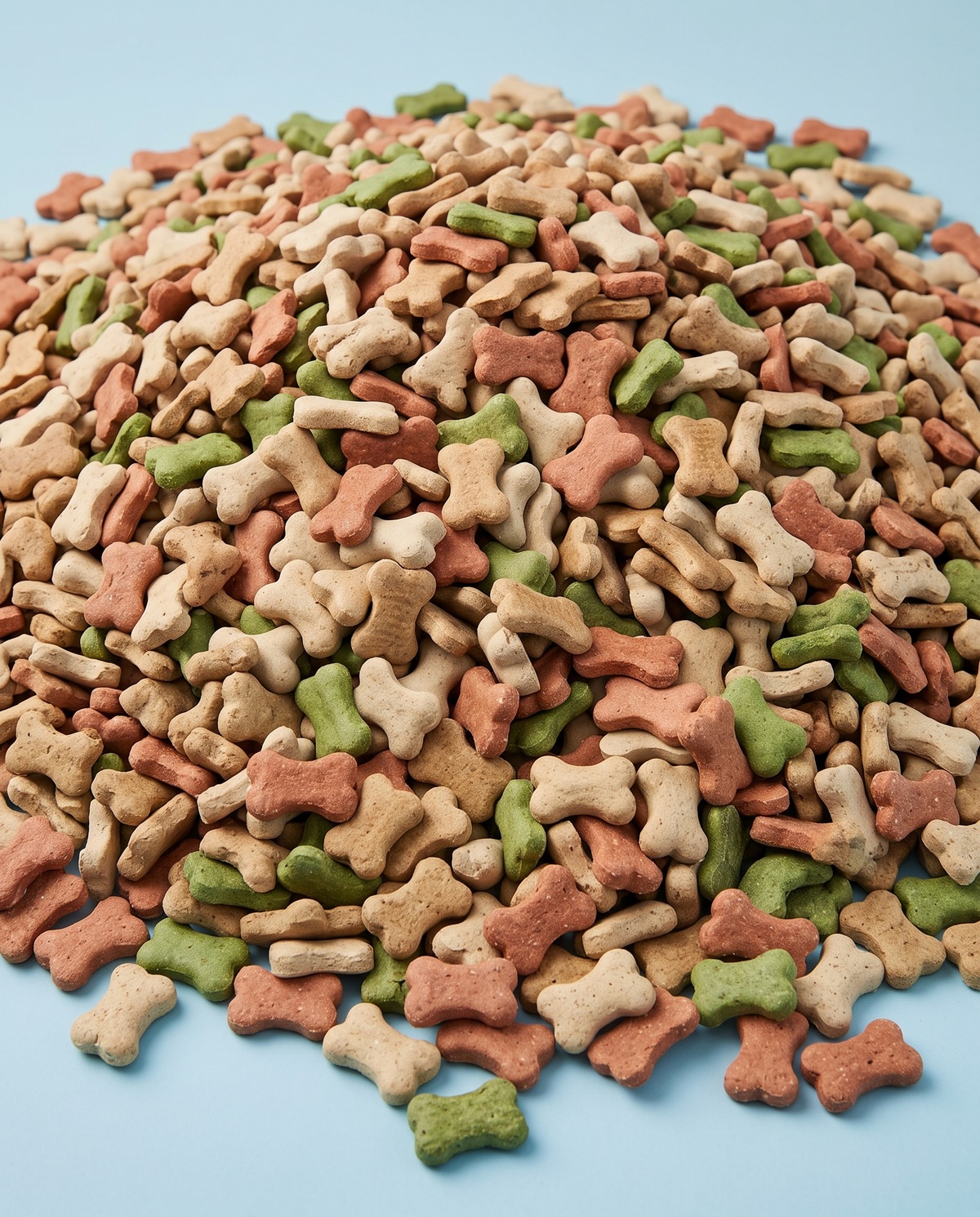 Sfeerfoto: grote hoeveelheid Mono Botjes 4-MIX (bulk 10 kilo), tegen een lichtblauwe studioachtergrond