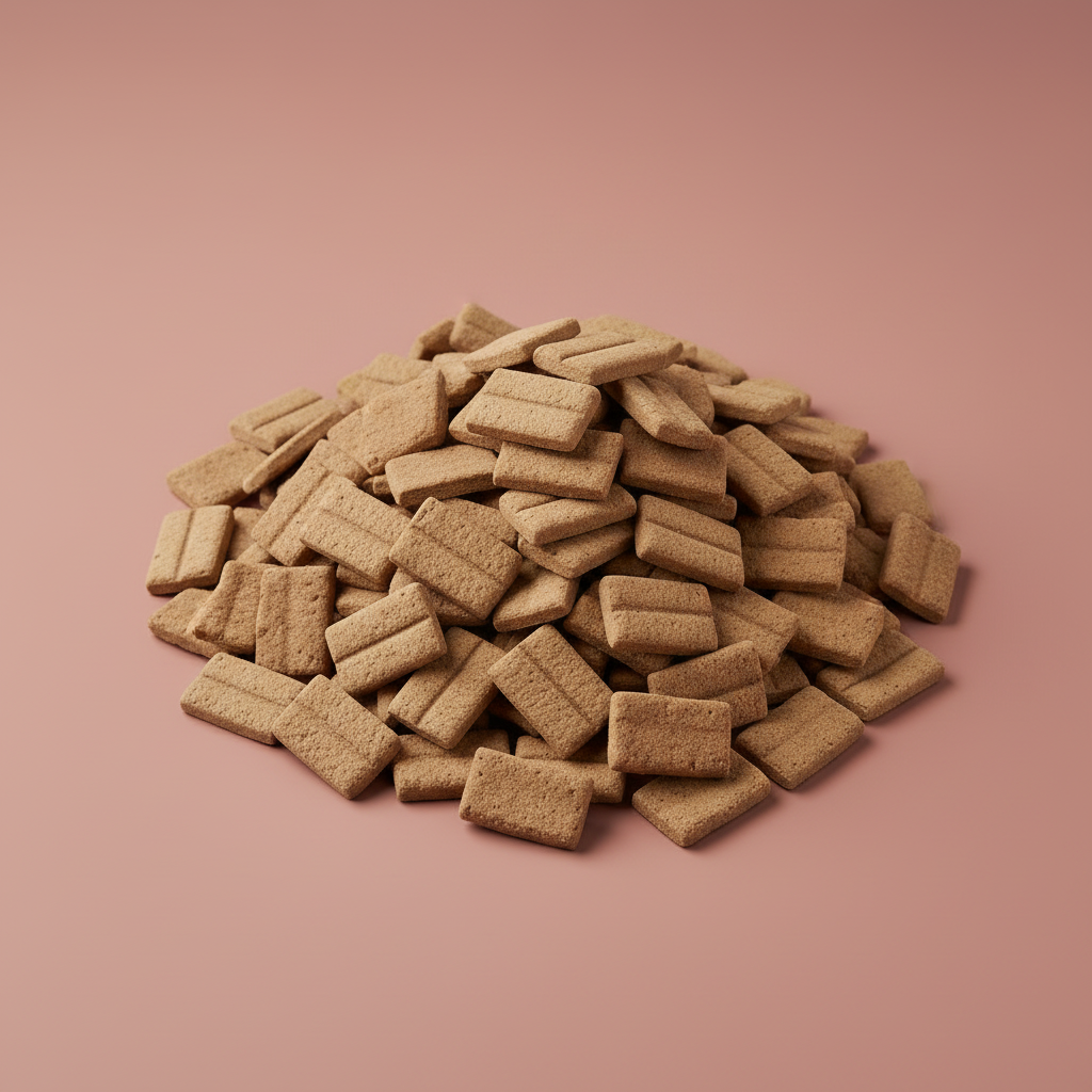 Sfeerfoto: grote hoeveelheid Mono Biscuit (bulk 10 kilo), tegen een oudroze studioachtergrond