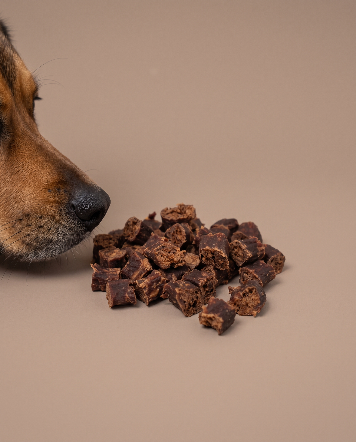 Sfeerfoto: Softies Hert (100 gram) met hondensnuit, tegen een warmtaupe studioachtergrond