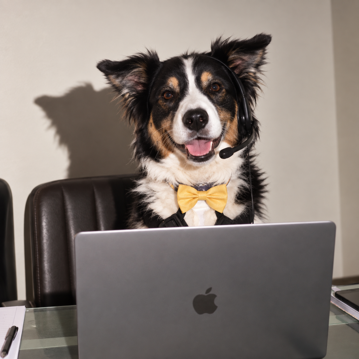Border collie met gele vlinderdas achter een laptop