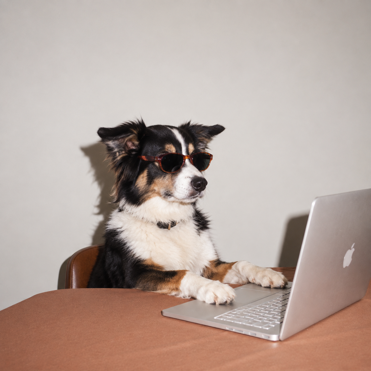 Border collie met de poten op een laptop aan een bureau